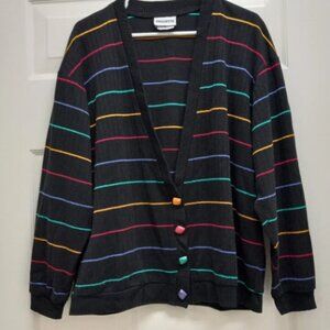 Vintage Paquette Cardigan Sweater 80s Oversized Rainbow Stripes Black Medium